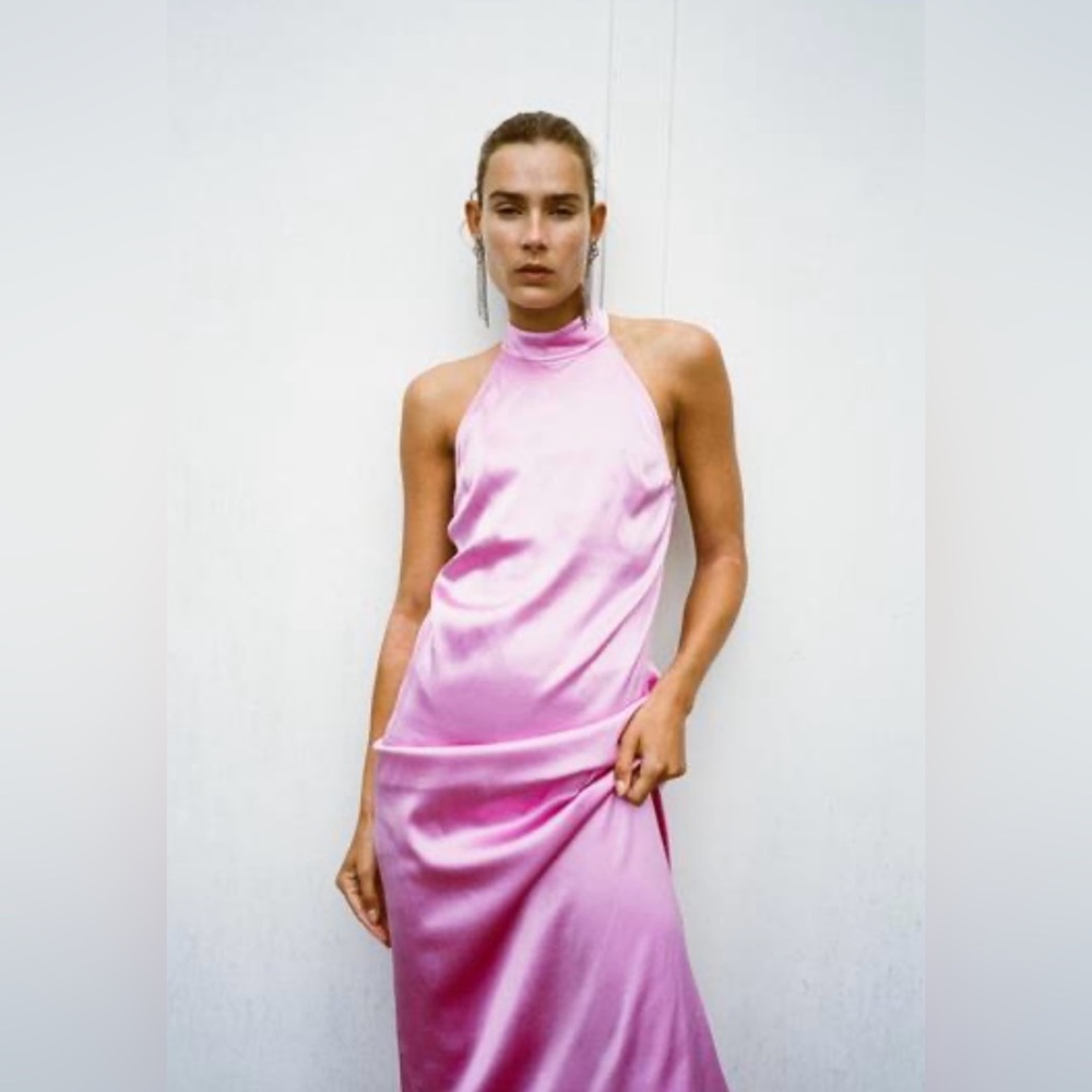 Elegant Pink Satin Halter Dress